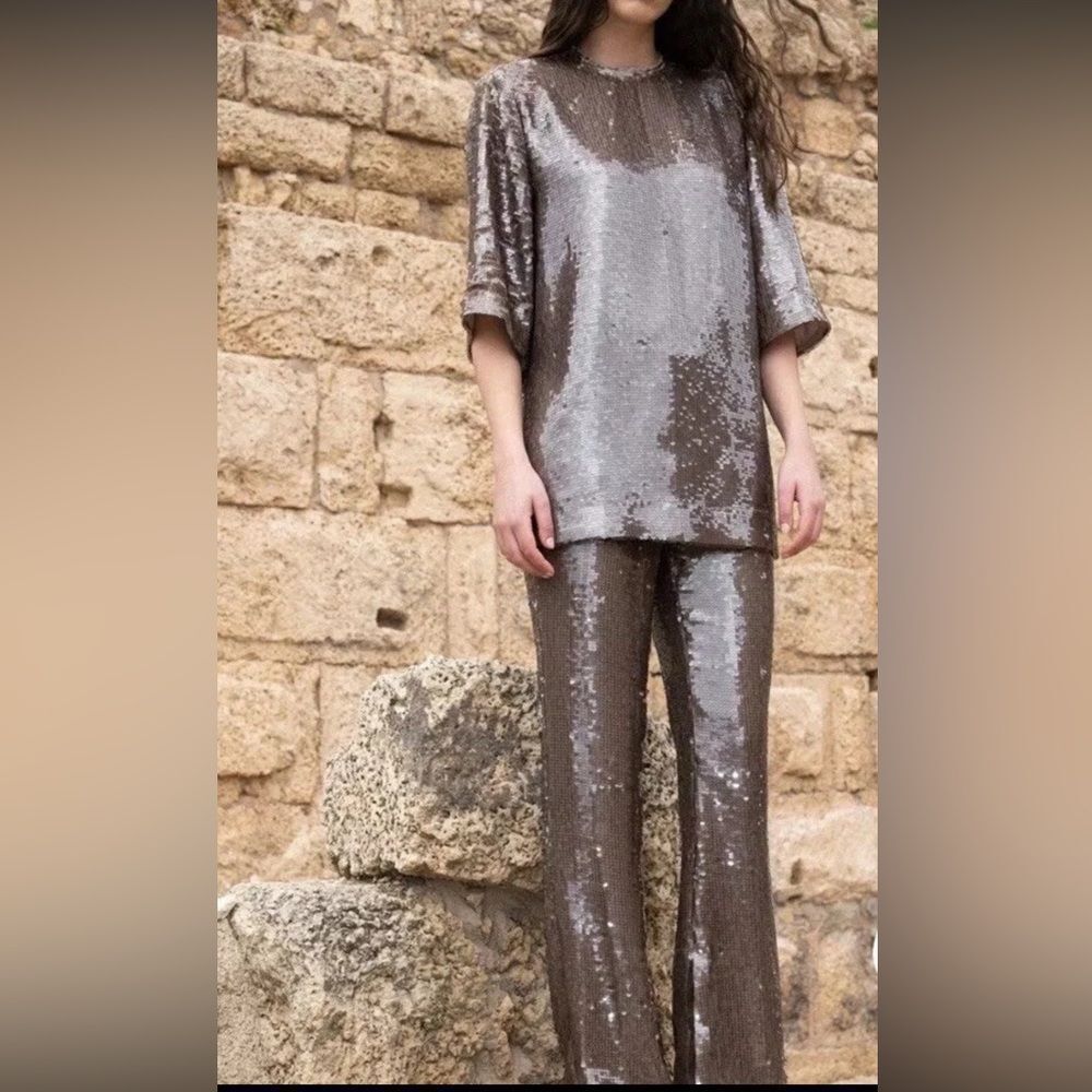 Free People Sabina Musayev Nancy Sequin Top & Pants Set in Chocolate - Picture 2 of 9